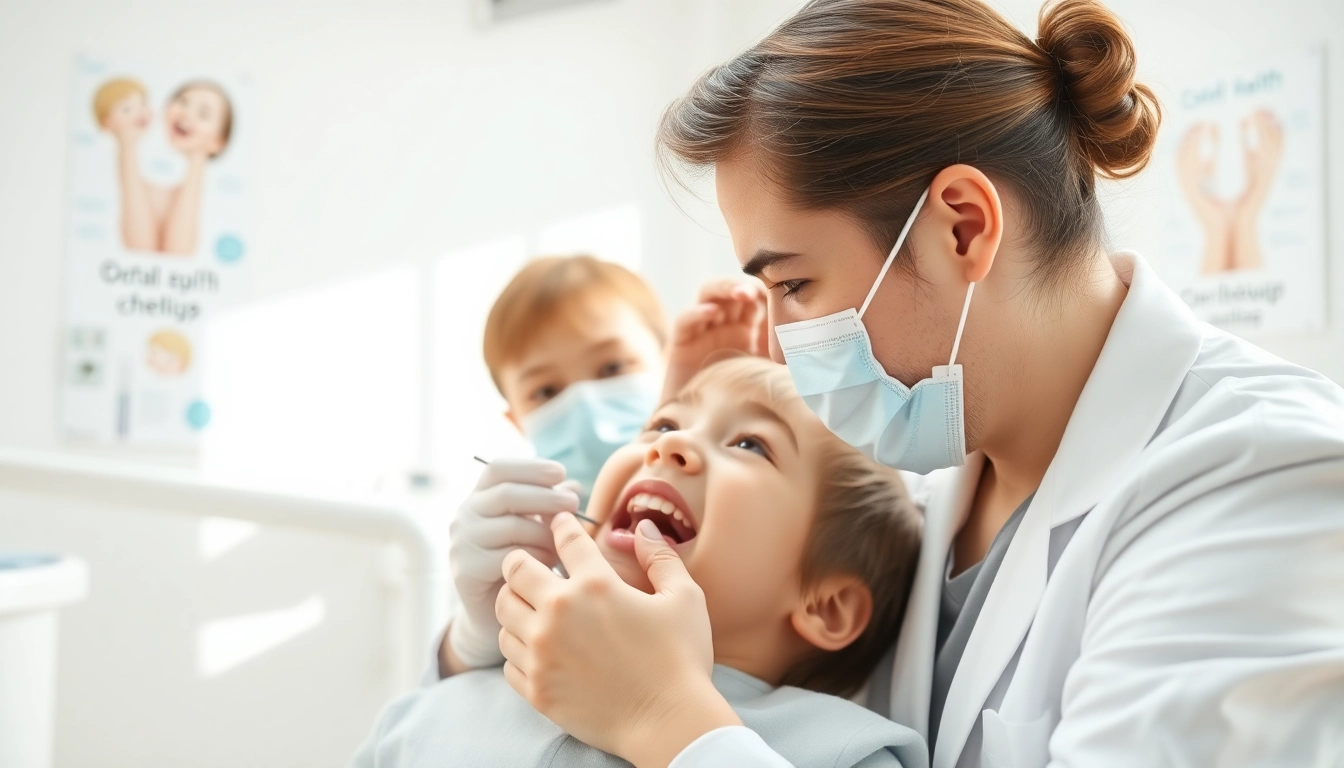Children's checkups in a dental clinic, featuring a dentist interacting with a child.