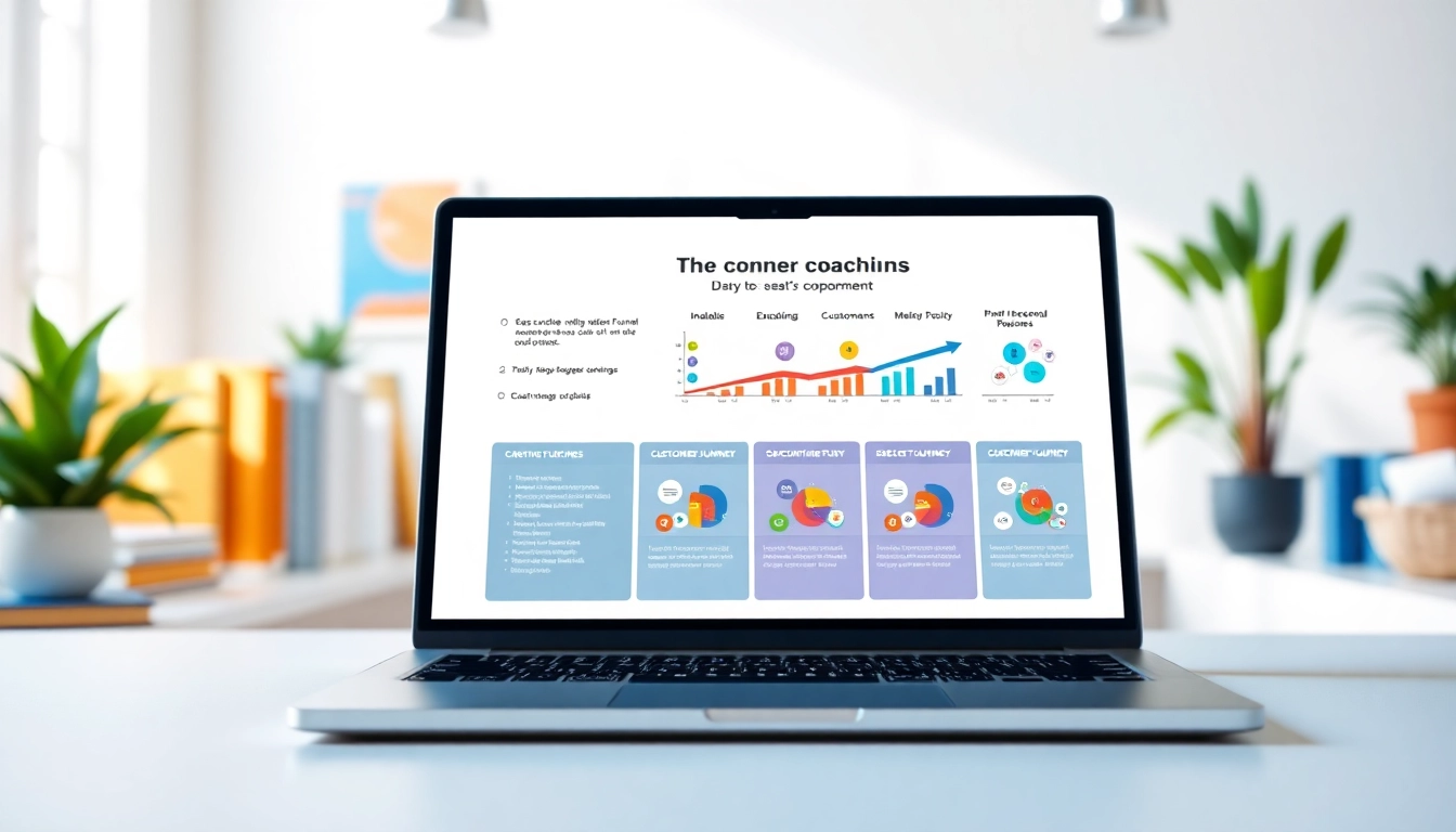 Showcase of the Best funnel templates for coaches with detailed example visuals in a modern office.
