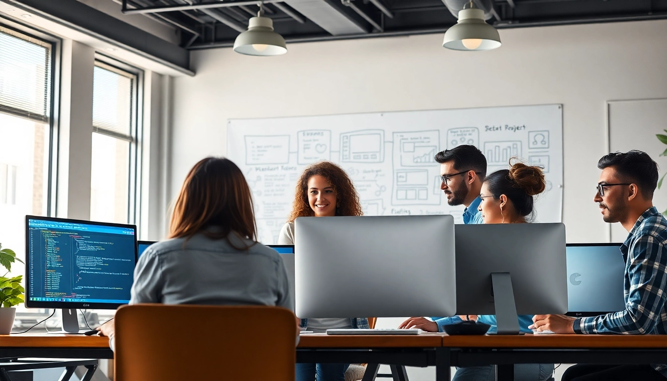 Web development team collaborating in a bright office environment with code and designs.