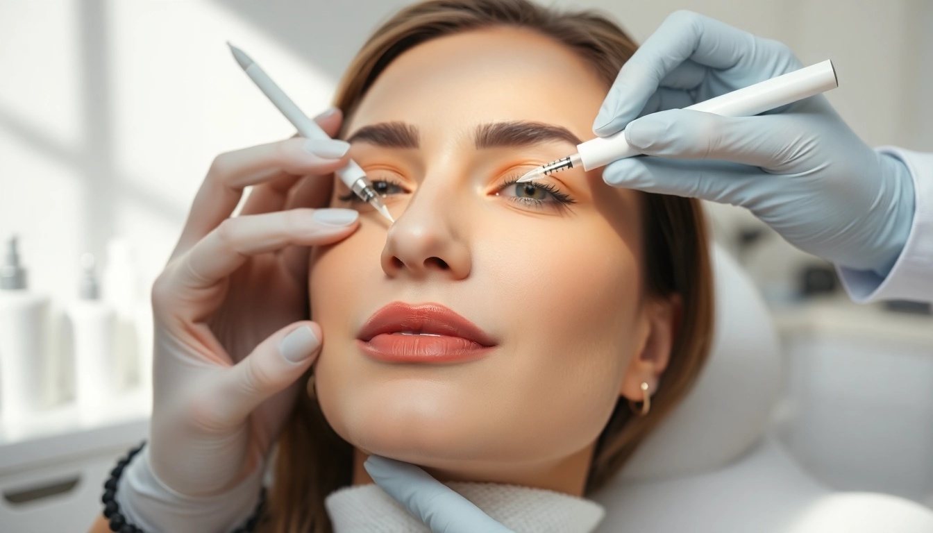 Administering tear trough filler in a welcoming aesthetic clinic setting, highlighting a professional approach.