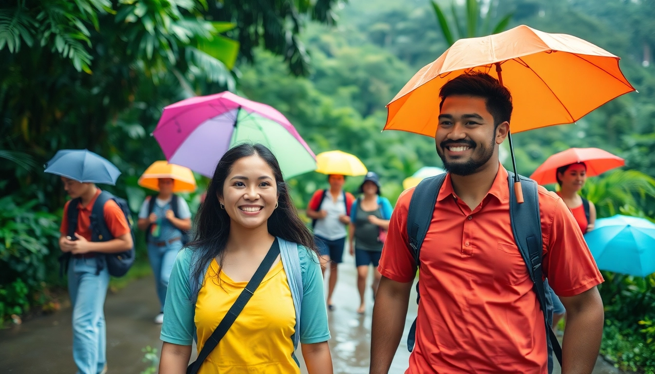 Travelers engaged in Monsoon preparation Phuket, smiling with vibrant umbrellas amidst lush scenery.