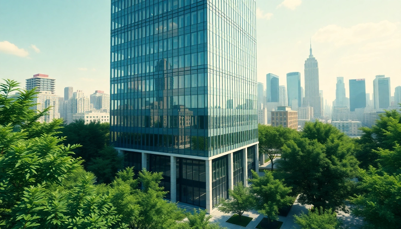 Architekturvisualisierung eines modernen Gebäudes in urbaner Umgebung mit lebendigen Details