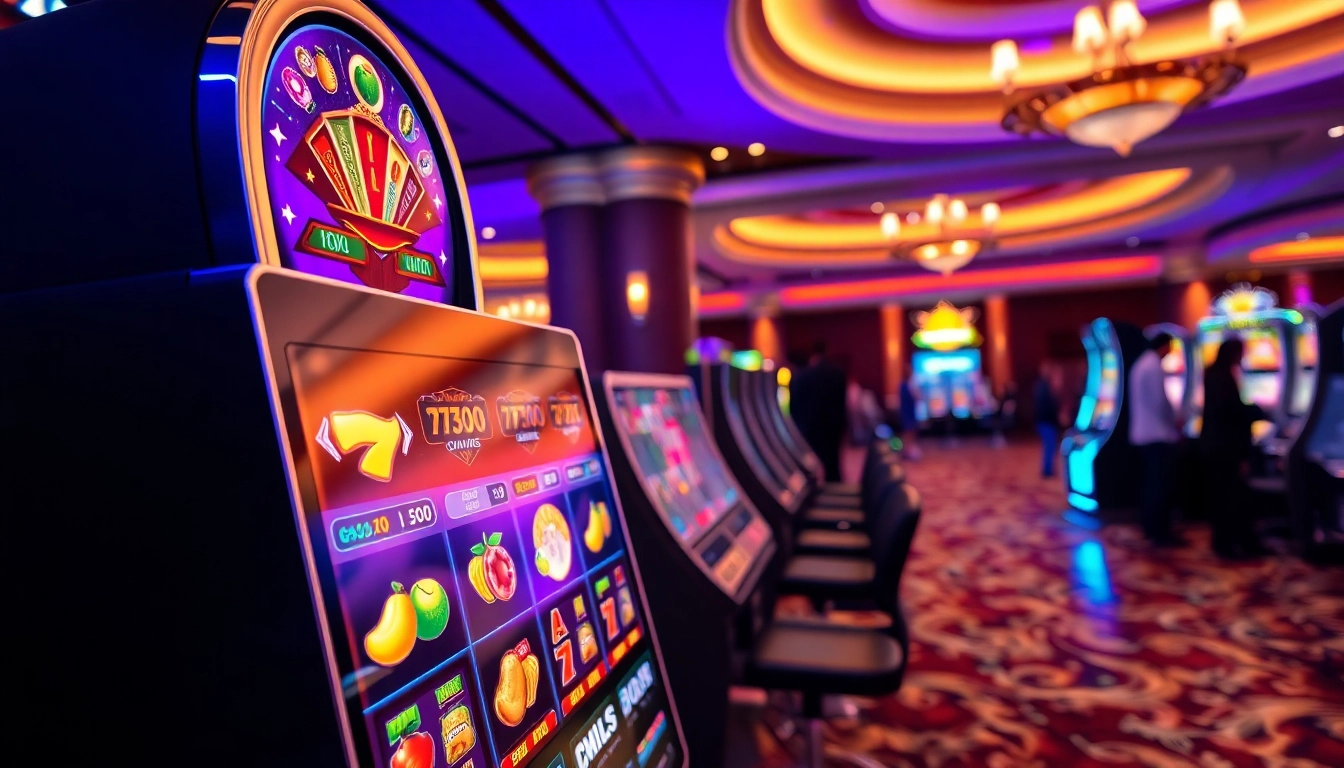Mesin game slot yang berwarna-warni dengan simbol ceria, menarik perhatian pemain di kasino.
