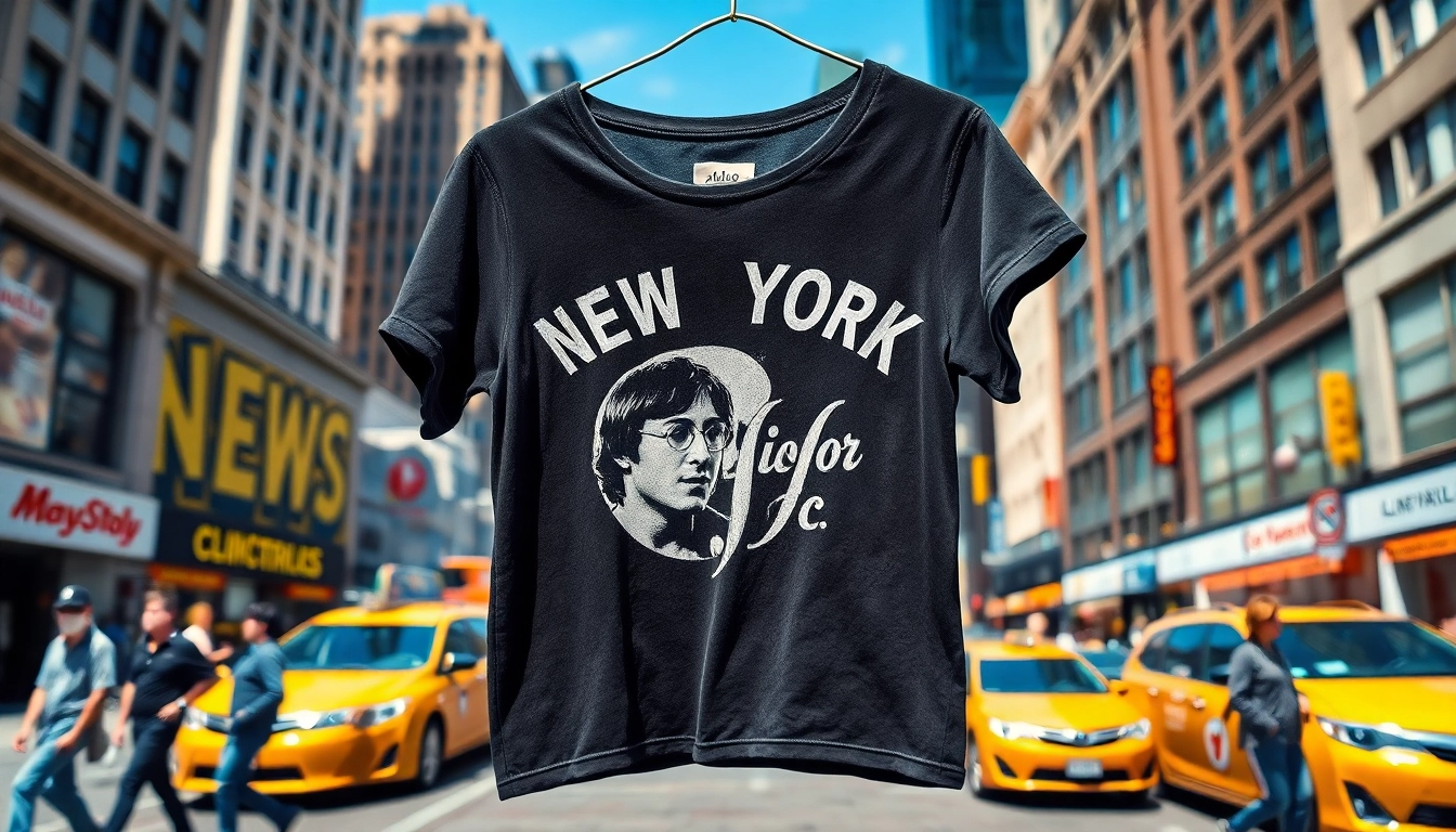 Showcasing a vintage john lennon new york shirt in a vibrant NYC setting.