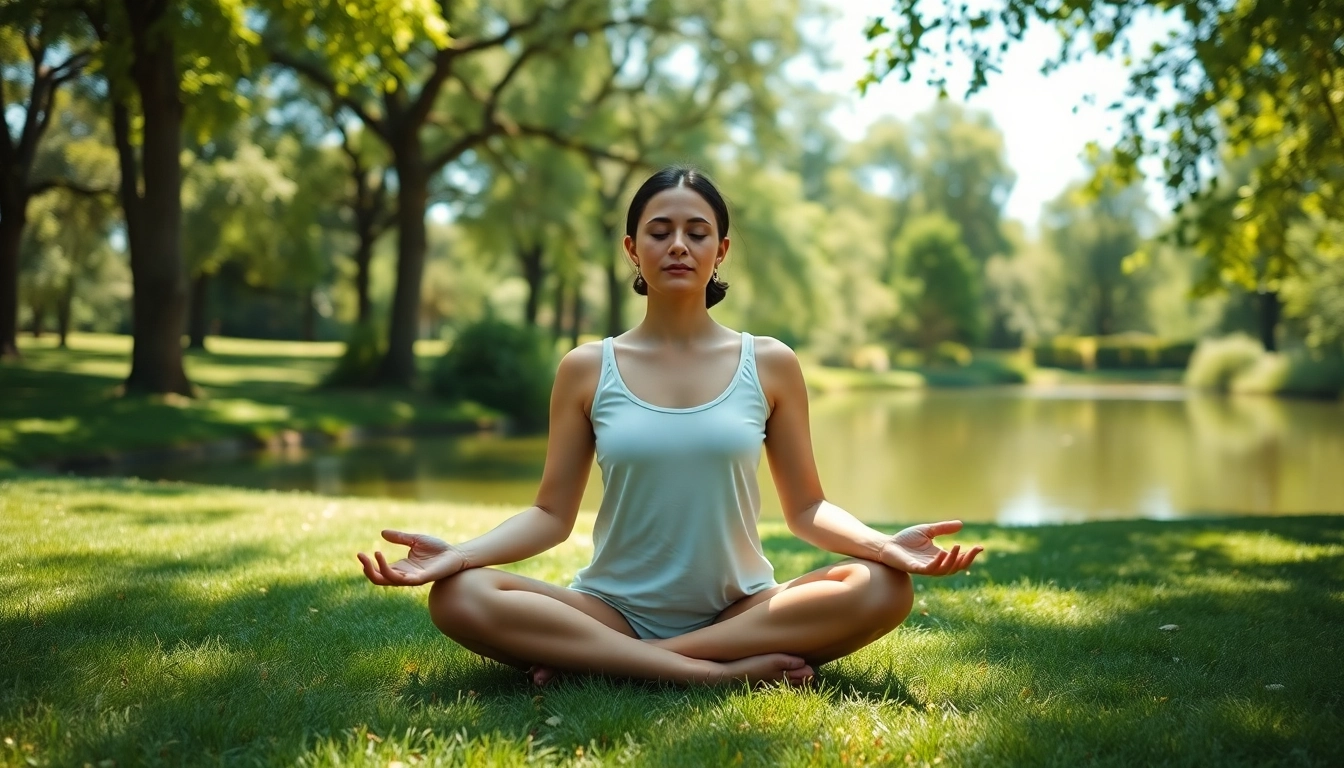 Meditating individual dealing with stress in a calm park setting surrounded by greenery.