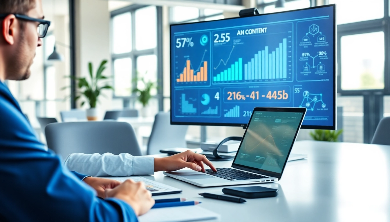 Analyze strategies with an AI content marketing platform in a modern workspace setting.
