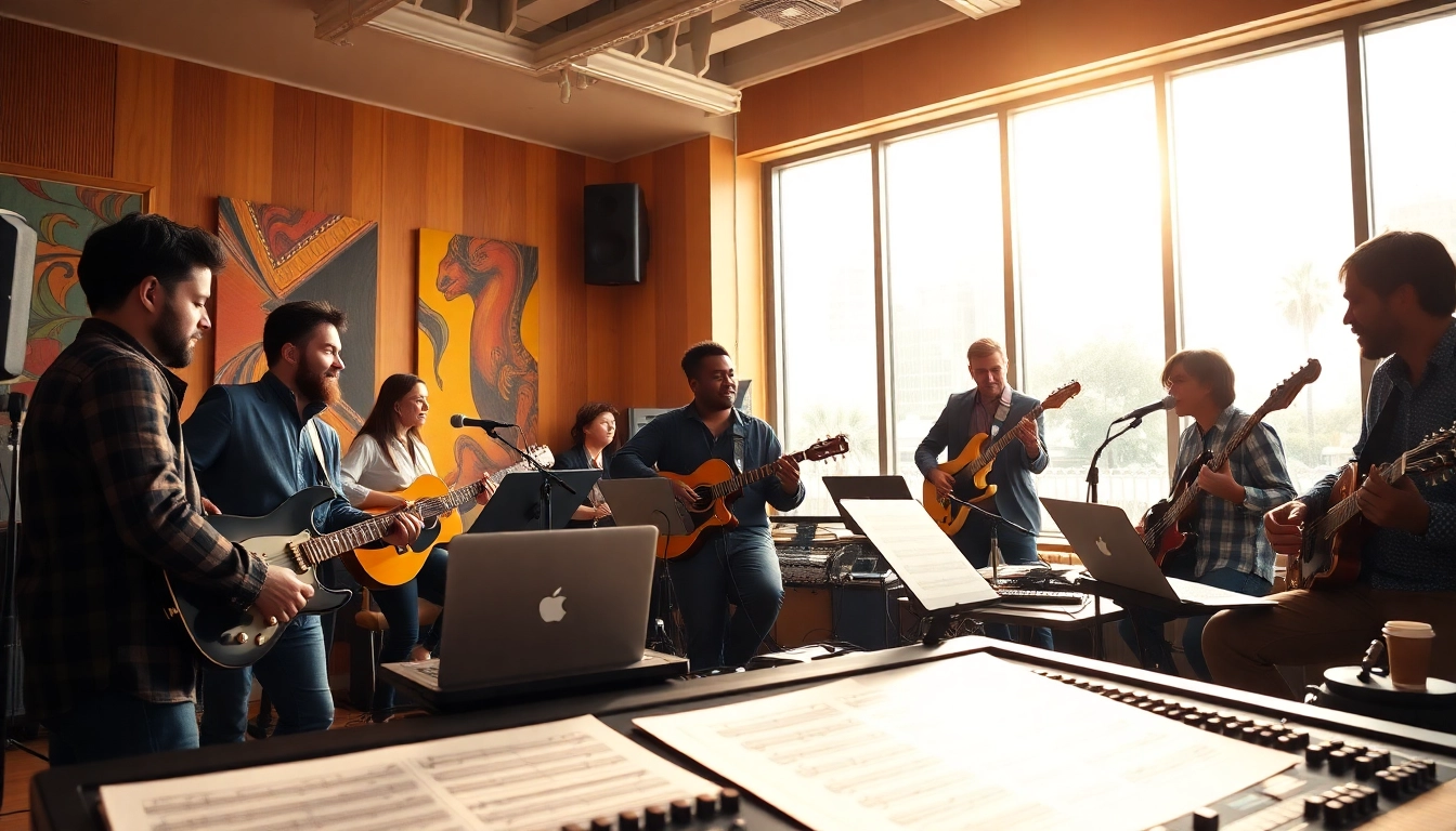 Pursue music pitching with a vibrant studio scene showcasing diverse musicians collaborating.