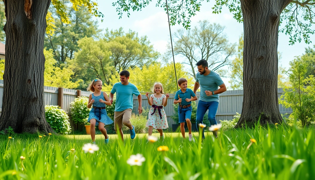 Family enjoying the excitement of a ZIP WIRE KIT in a vibrant backyard setting.