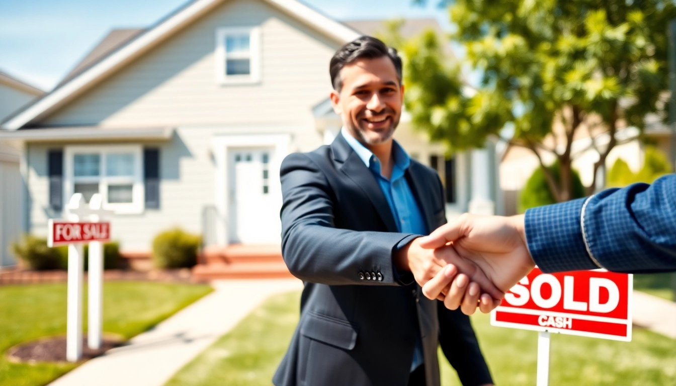 Buy my property fast with a successful cash sale between a homeowner and buyer in a bright suburban setting.