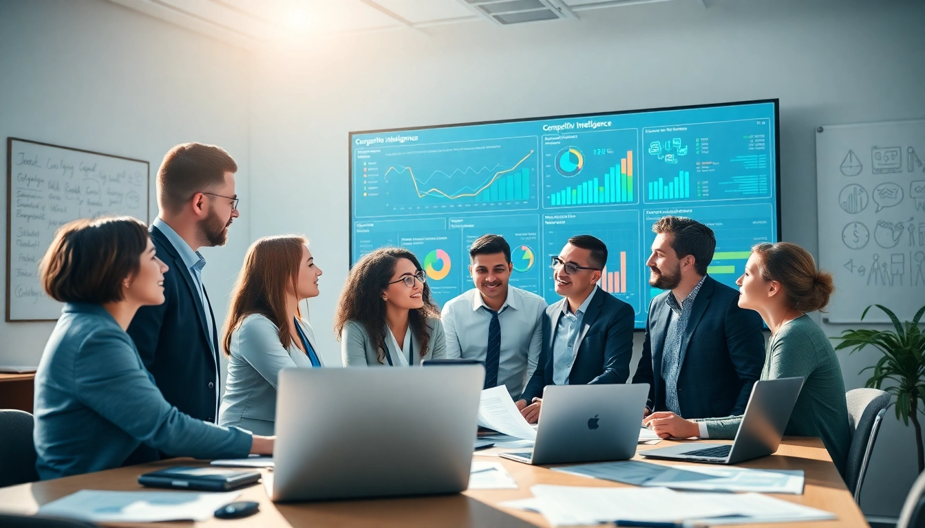 Collaborative team analyzing competitive intelligence data in a modern office.