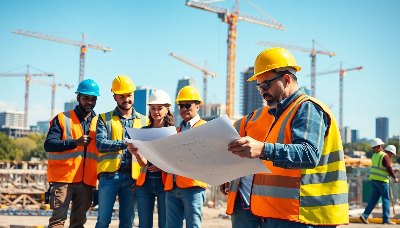 Austin construction workers collaborating on a bustling construction site in Austin, Texas