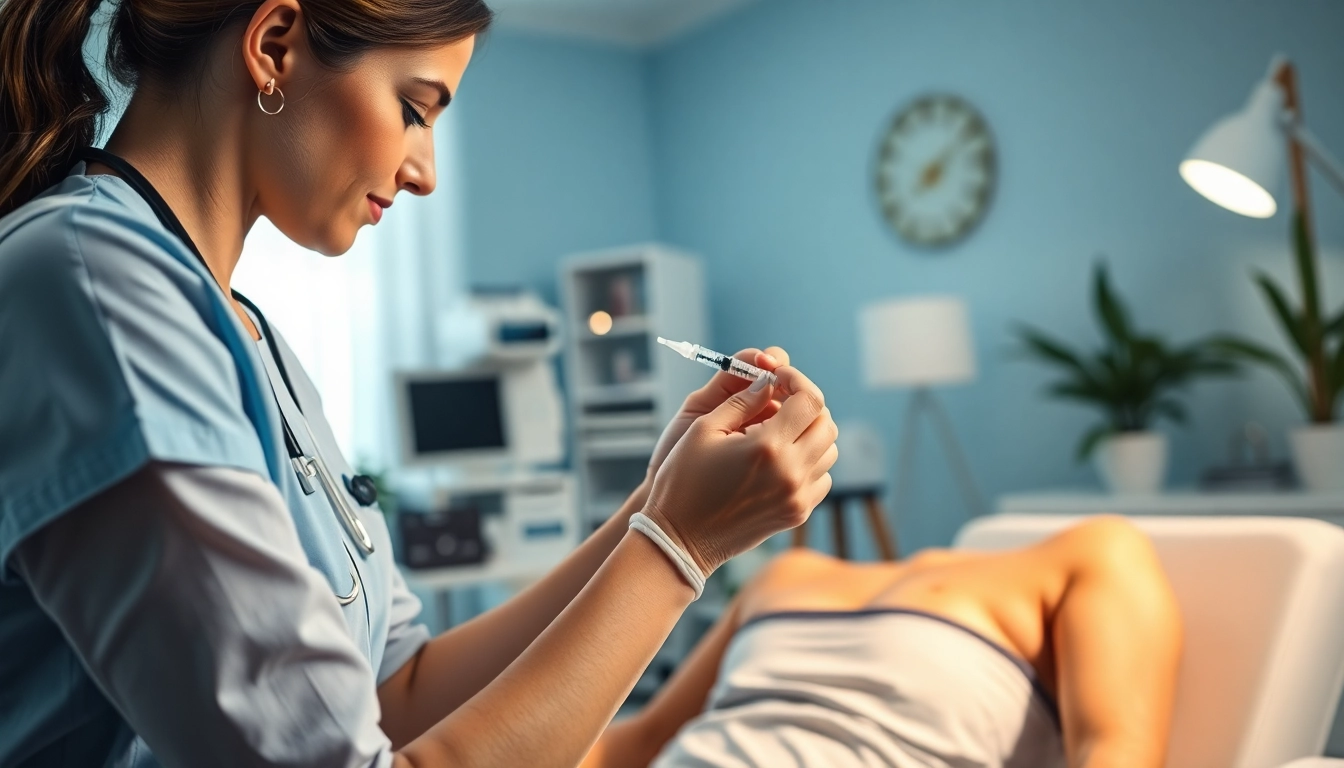 Administering weight loss shots in a professional healthcare setting, showcasing care and precision.