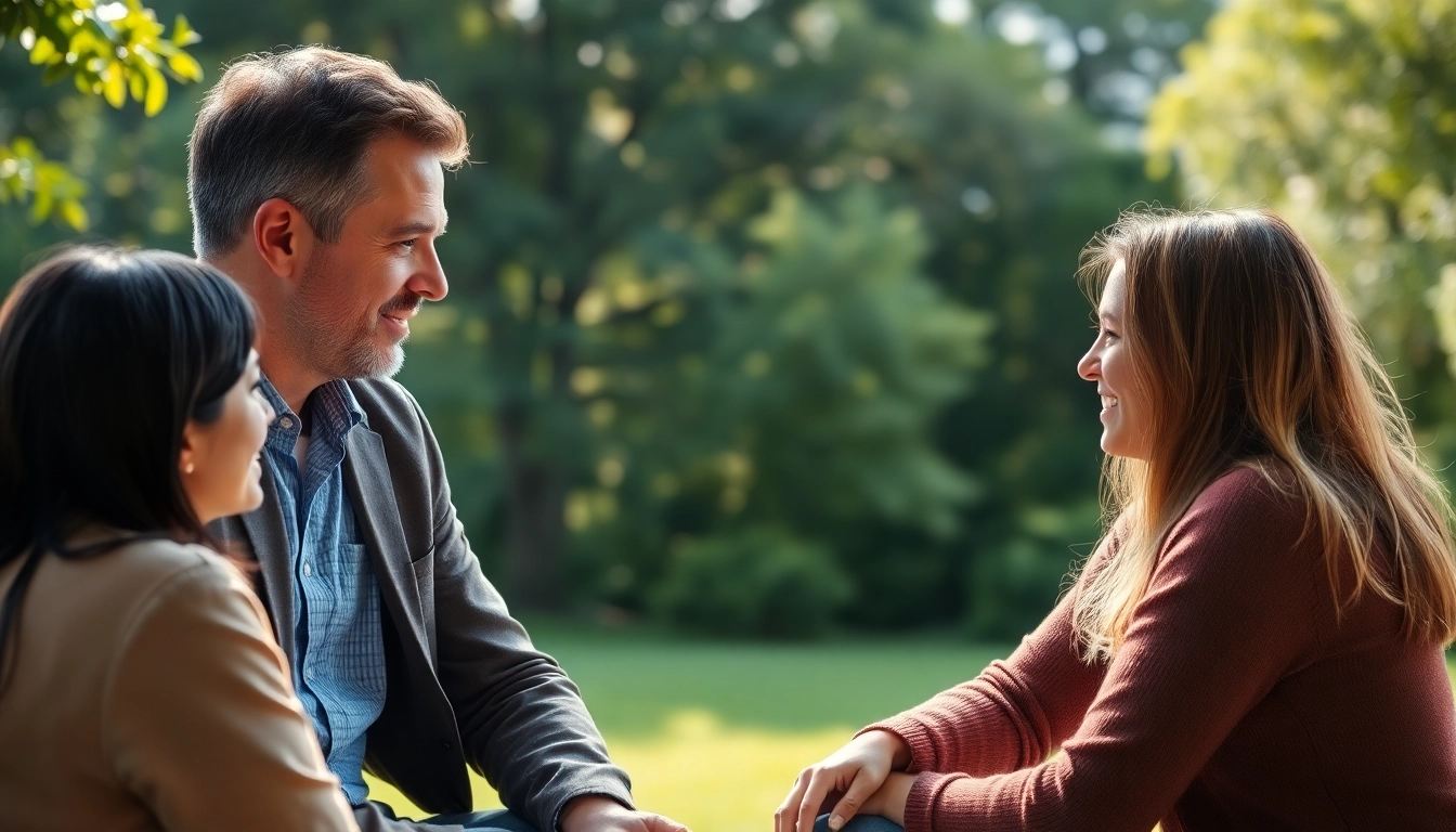 Supportive relationship coach engaging with clients in a tranquil setting.