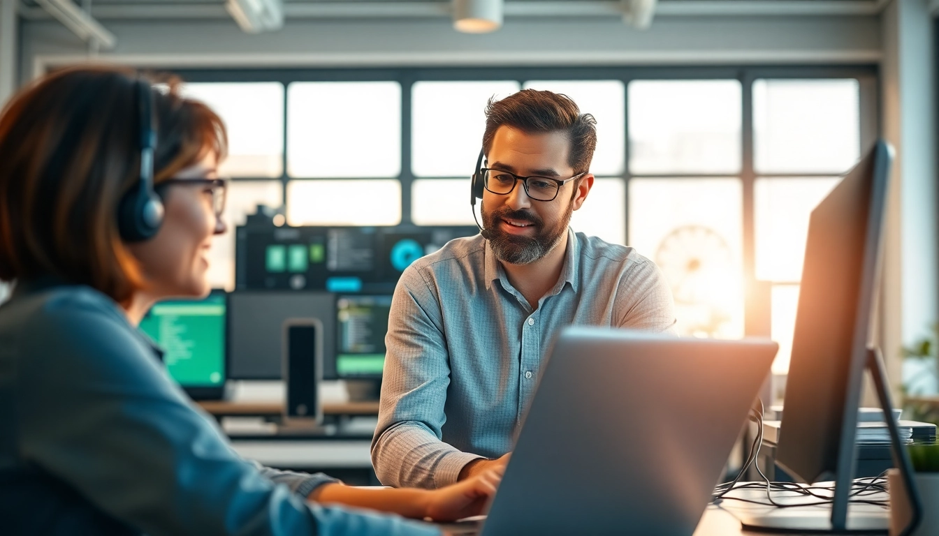 Receive expert computer help near me with a technician aiding a customer in a tech support setting.
