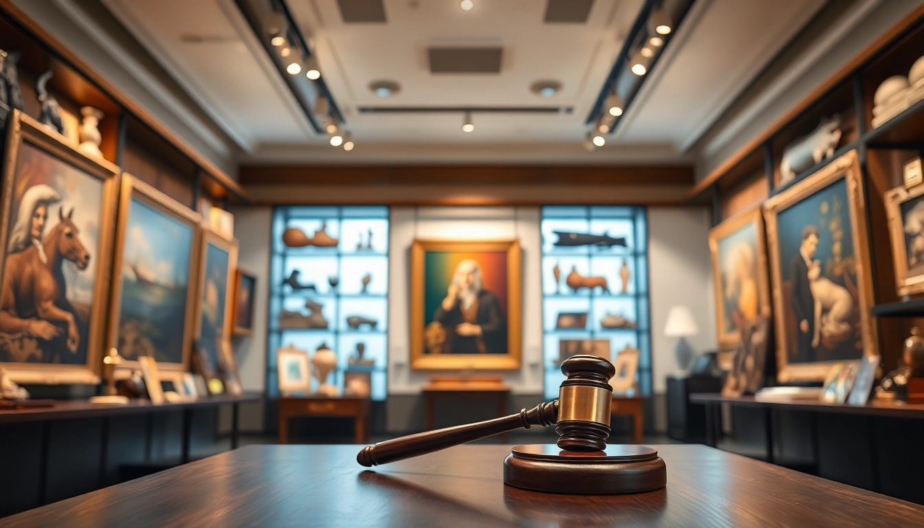 Bid on luxurious items at https://www.avtales.com with an auctioneer in a modern gallery.