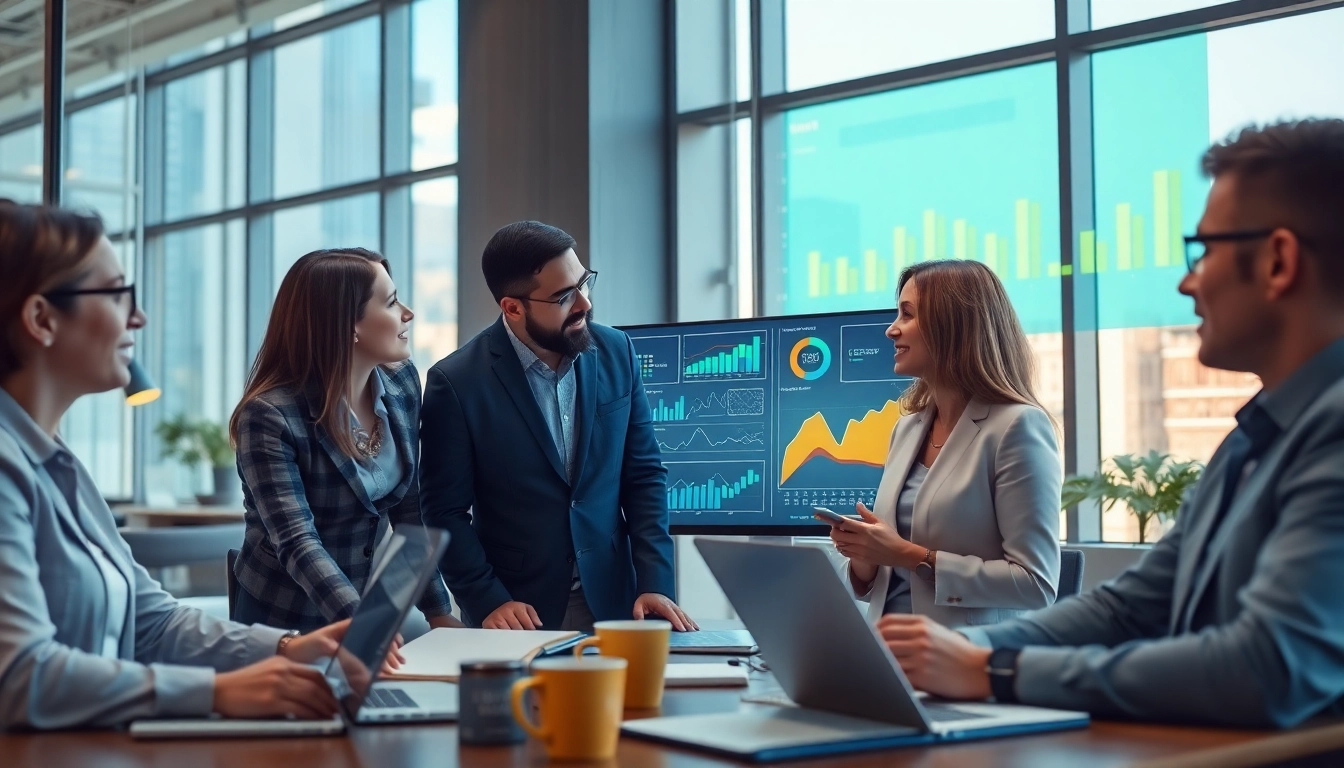 Engaged professionals utilizing ai prompts for competitive intelligence in a modern office.