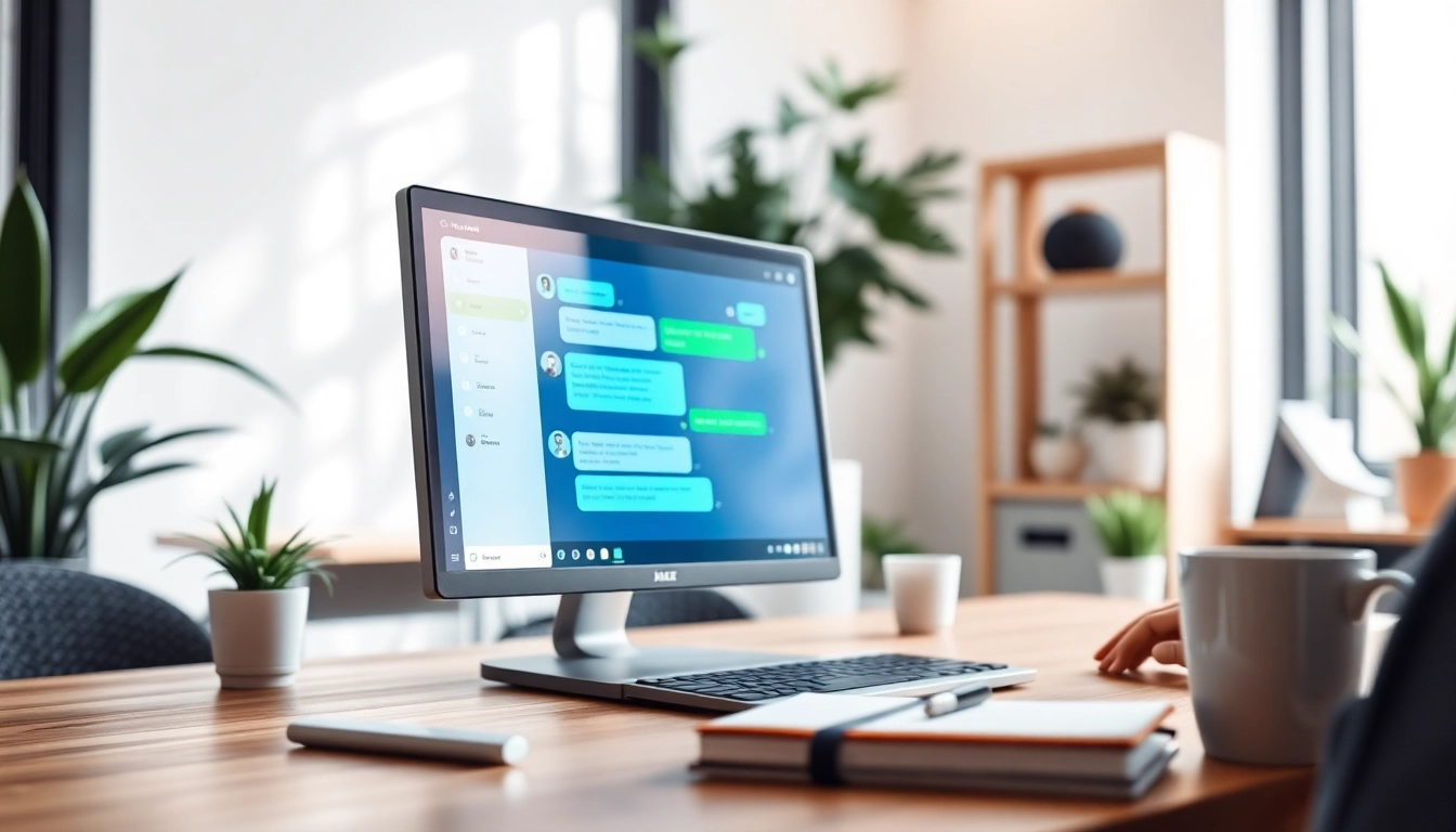 Engaging chatbot for website assisting a user in a modern office, enhancing interaction.