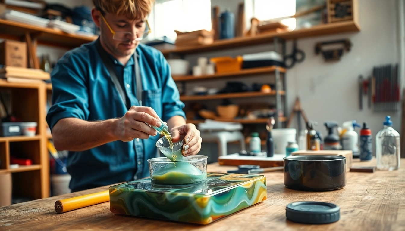 Apply laminating resin with precision in a vibrant workshop, showcasing craftsmanship and creativity.