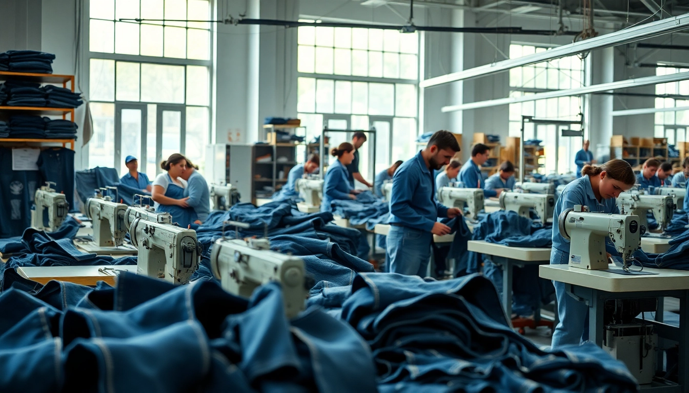 Professional jeans factory manufacturers in a vibrant workspace crafting high-quality denim jeans.