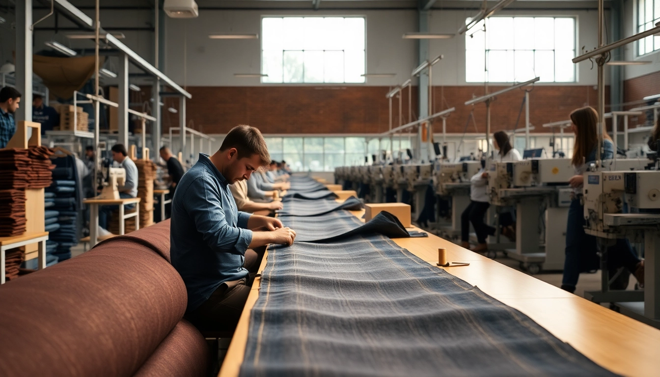 Showcase of skilled artisans at jeans factory manufacturers, emphasizing craftsmanship and denim production.