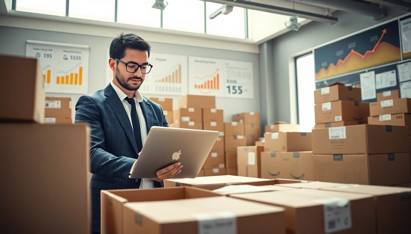 Selling wholesale on Amazon expert analyzing products in a modern office setting.