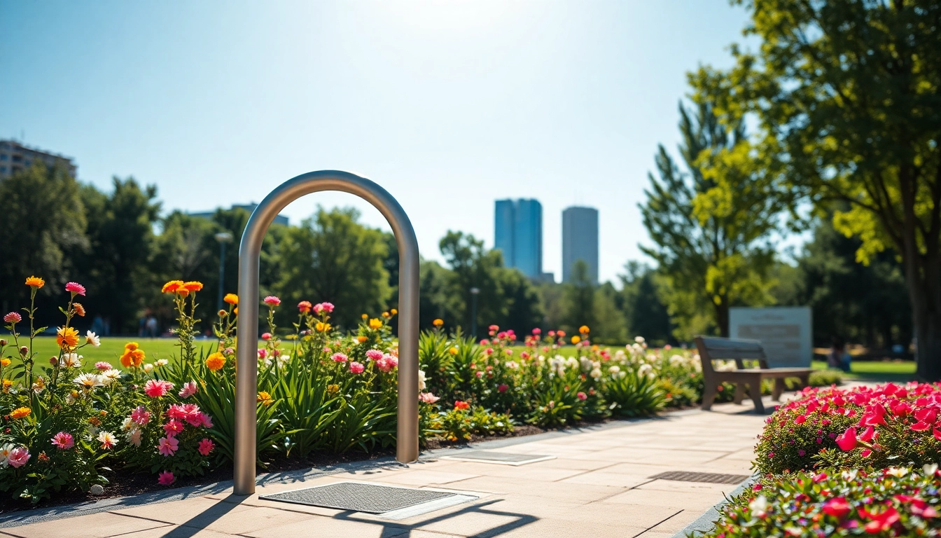 Showcase a stylish designer bike rack in a vibrant urban park setting.