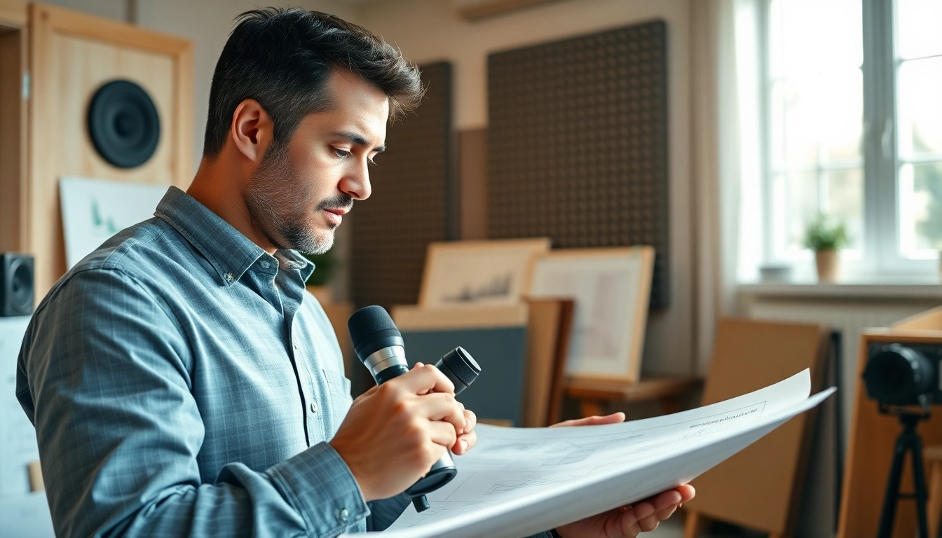 Acoustic consultant analyzing project details at https://www.polarisacoustics.com with soundproofing materials and plans.