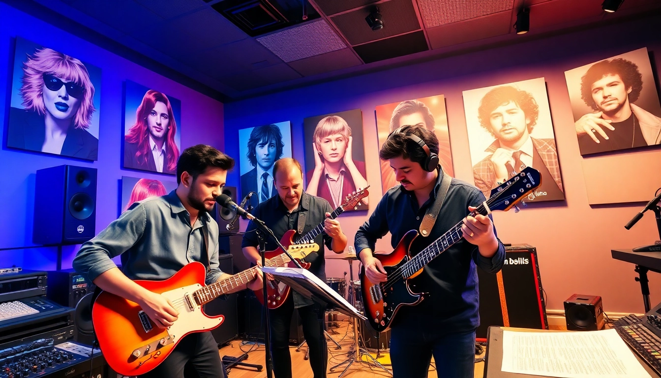 Engaged musicians collaborating amidst high-tech equipment representing Music PR Firms.