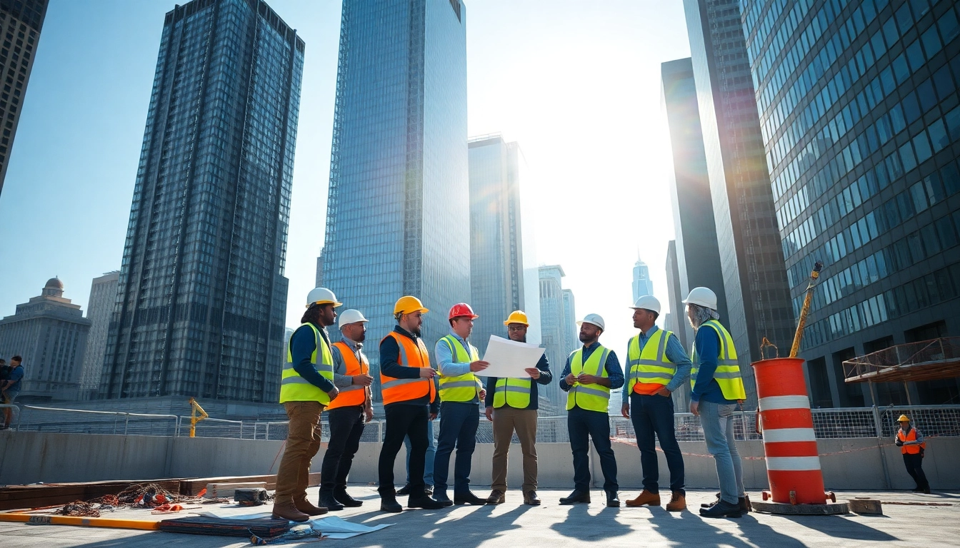 Manhattan Commercial General Contractor team collaborating on construction plans in a bustling urban site.