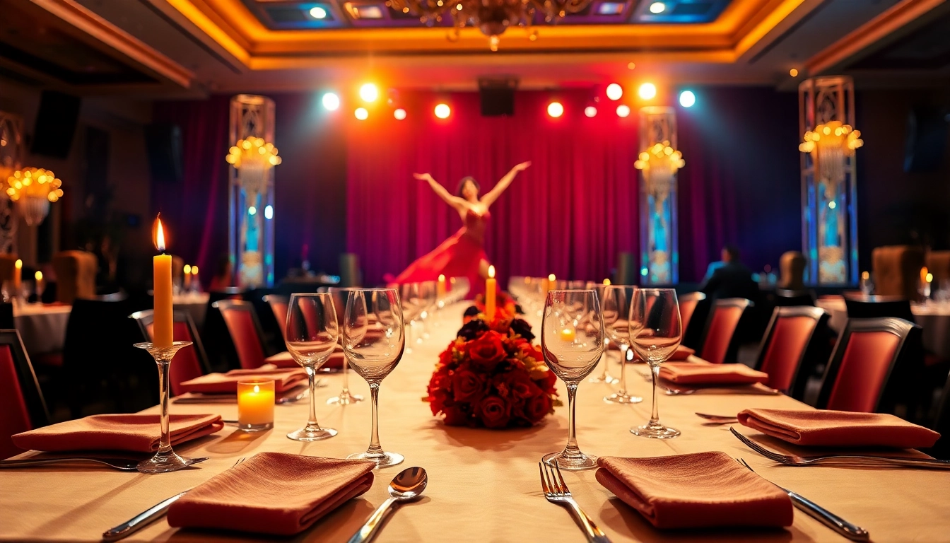 Enjoying dinner shows in las vegas with a lavishly set table and performers.