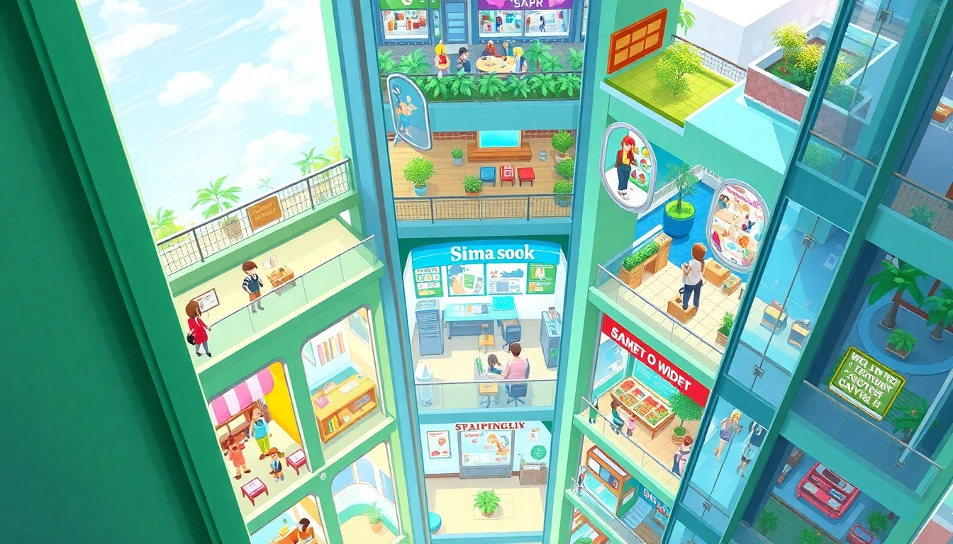 Engaging scene of players as they play sim tower game with vibrant buildings and animated people.