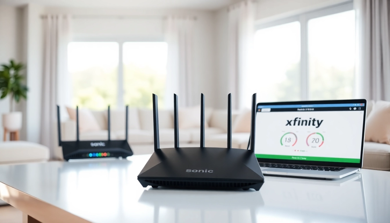 Comparing sonic vs xfinity internet services with routers on display in a modern living room.
