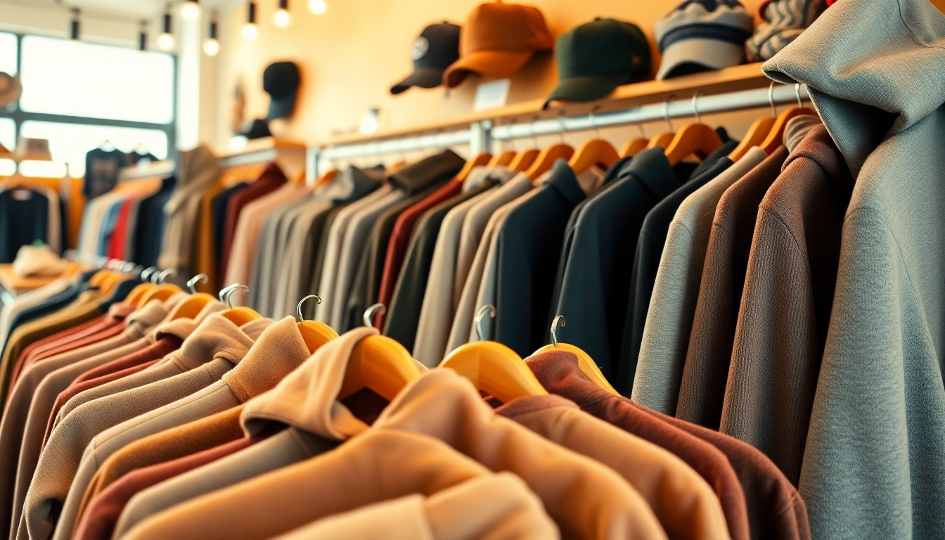 Showcase of high quality blank hoodies arranged in a modern boutique for fashion enthusiasts.