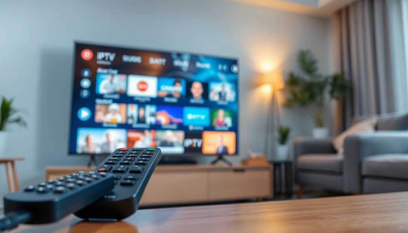 Comprar IPTV en un elegante entorno de sala de estar con televisión moderna