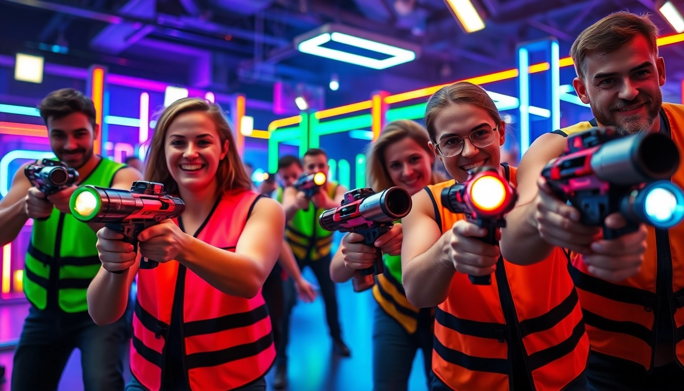 Players intensely competing in a laser tag game with vibrant arena backdrops.