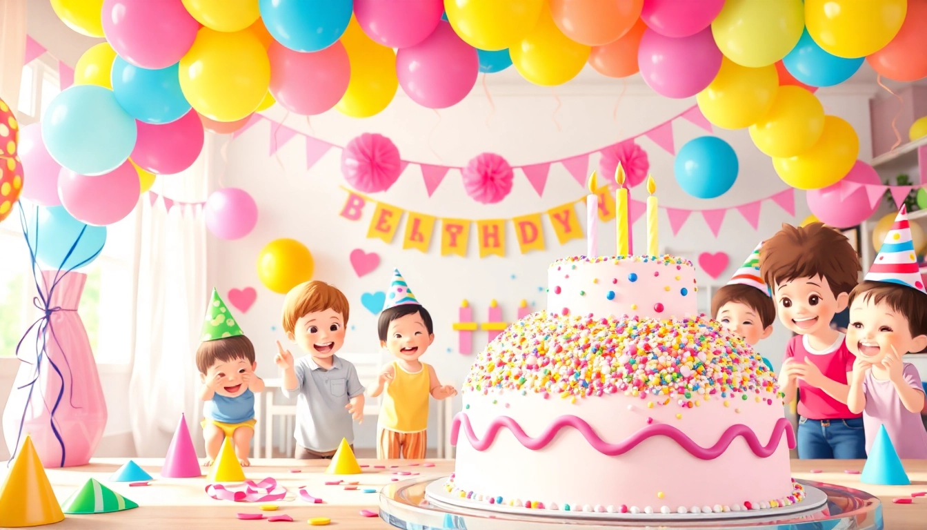 Celebrate joyful birthday parties with kids enjoying games, colorful decorations, and a delicious cake.