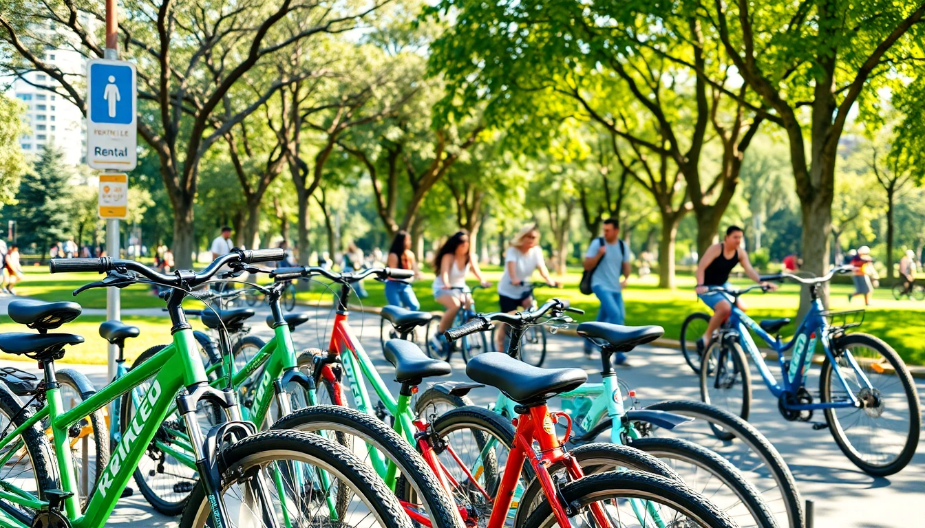 Enjoy a scenic view of people renting a bicycle near me in a vibrant urban park.