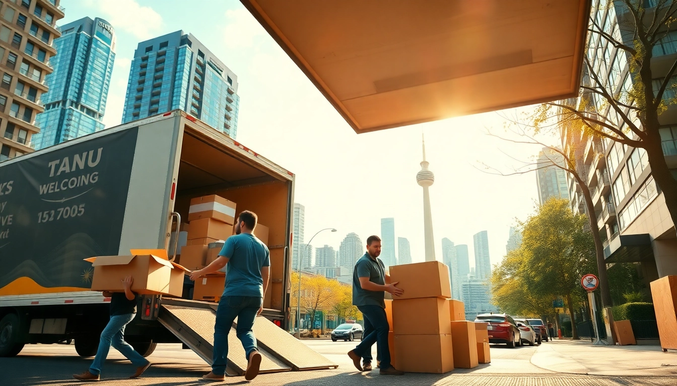 Movers from a moving company Toronto efficiently unloading boxes in a vibrant Toronto neighborhood.