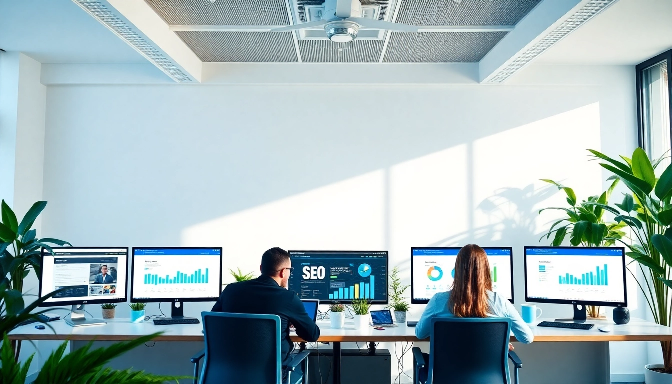 Showcasing seo and web design companies collaborating in a bright modern office