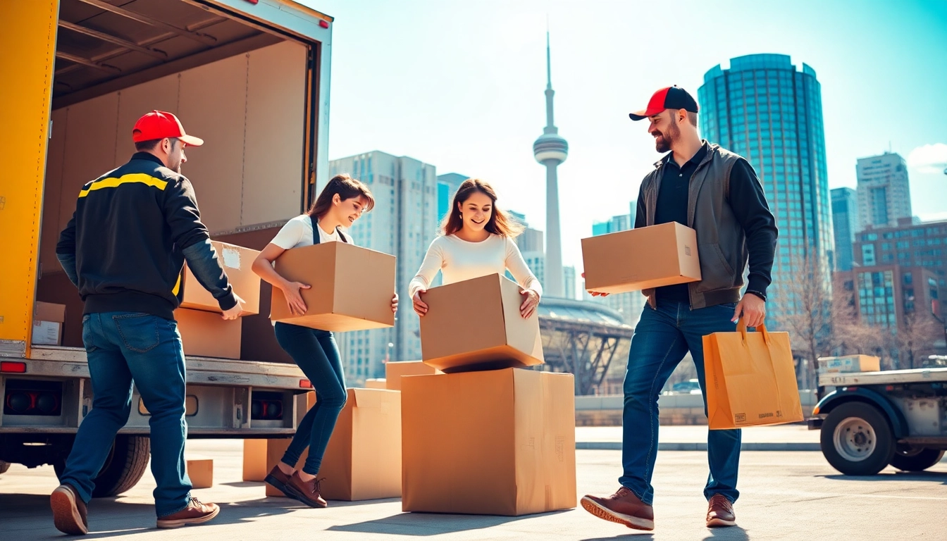 Toronto moving services with professional movers helping family pack and load boxes in a sunny downtown setting.