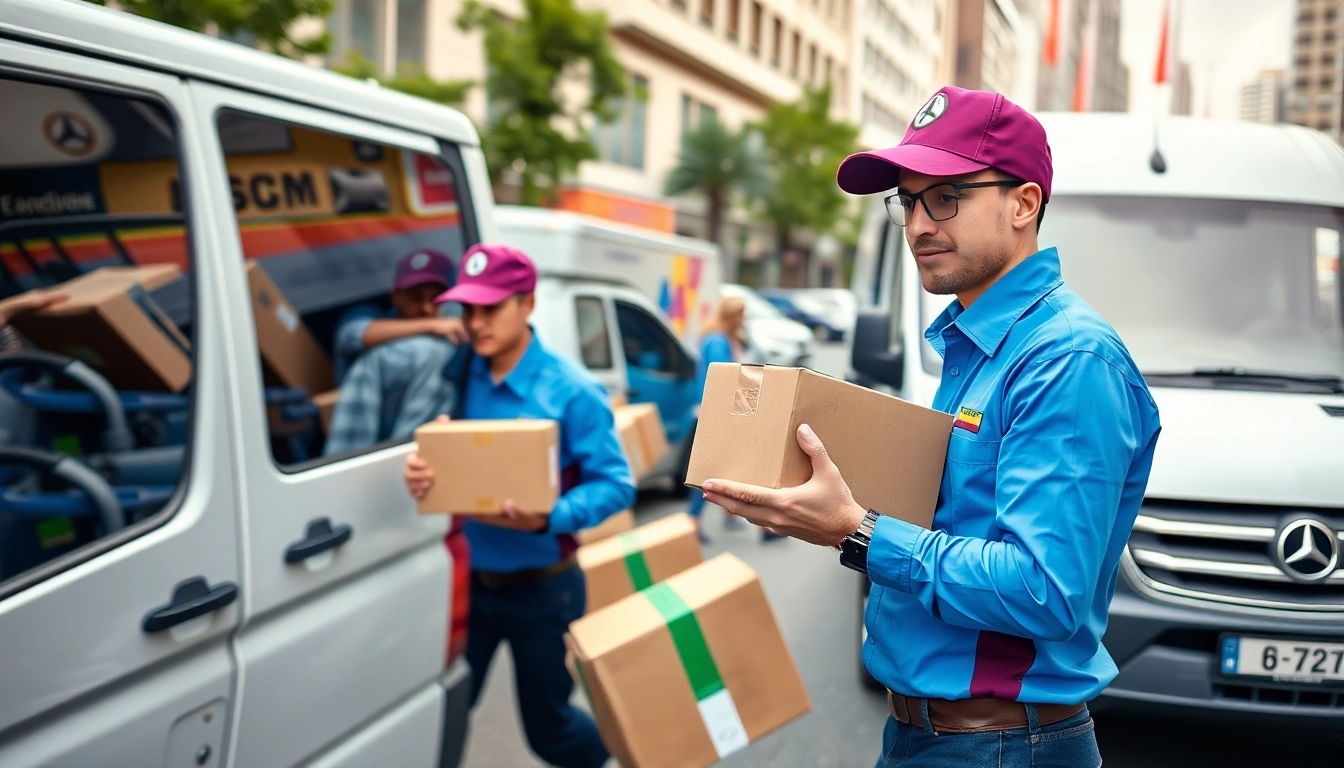 Efficient team providing courier services in a bustling cityscape while loading delivery vans.
