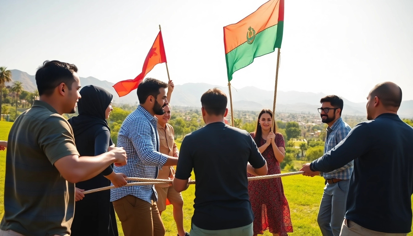 Rassemblement d'équipe pour le team building maroc avec des activités collaboratives en plein air.