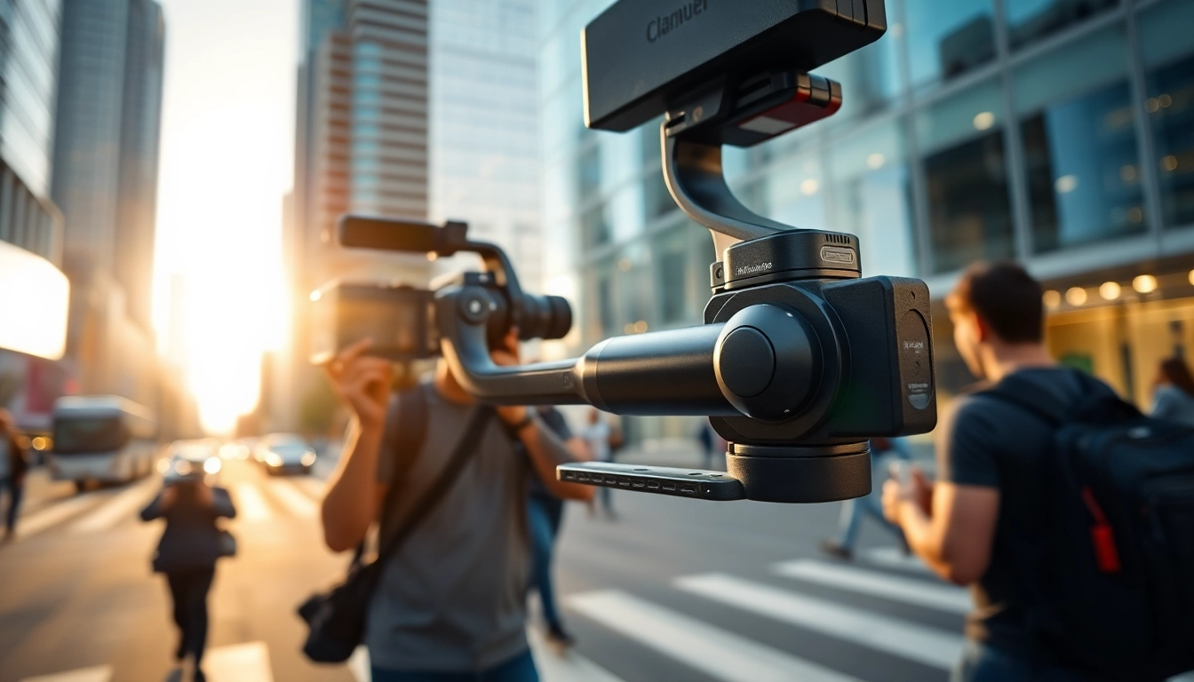 Videographer using a handheld gimbal​ for smooth video stabilization in urban setting.