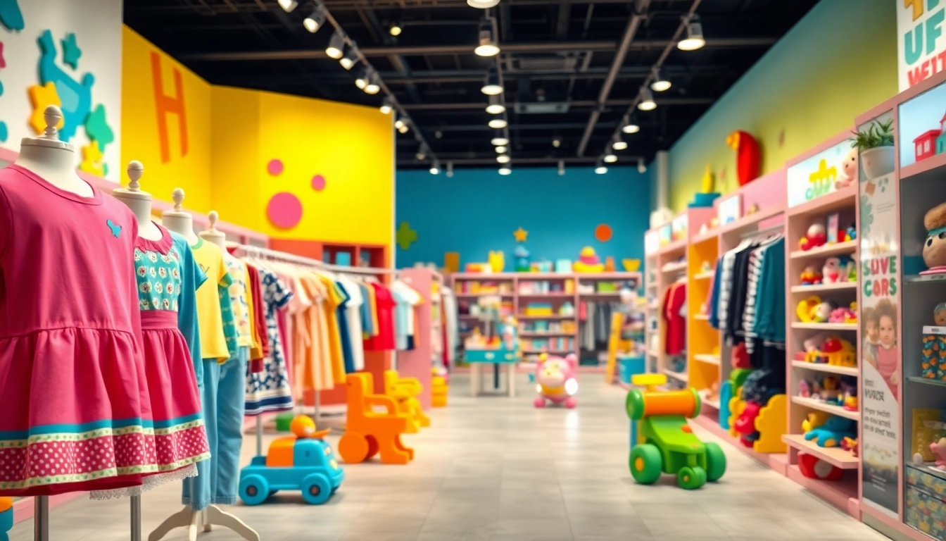 Shop at http://www.websonlinestore.com for vibrant children's clothing and toys in a colorful retail setting.