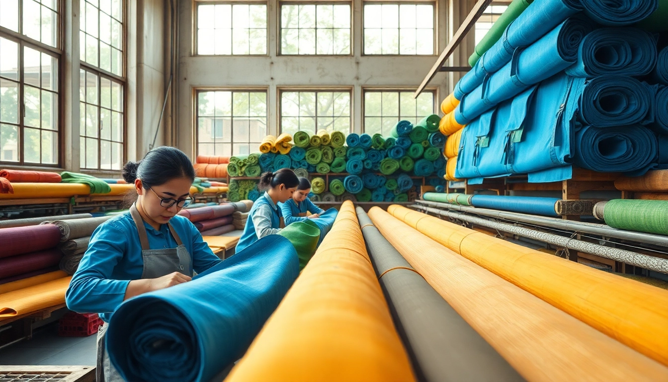 Katoen fabric production in a vibrant textile workshop with artisans at work.