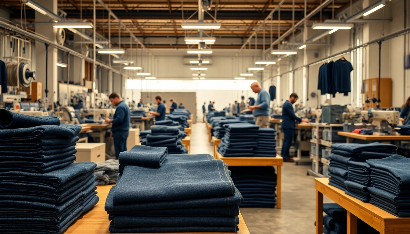 Engaged workers at jeans factory manufacturers producing high-quality denim in a bustling space.