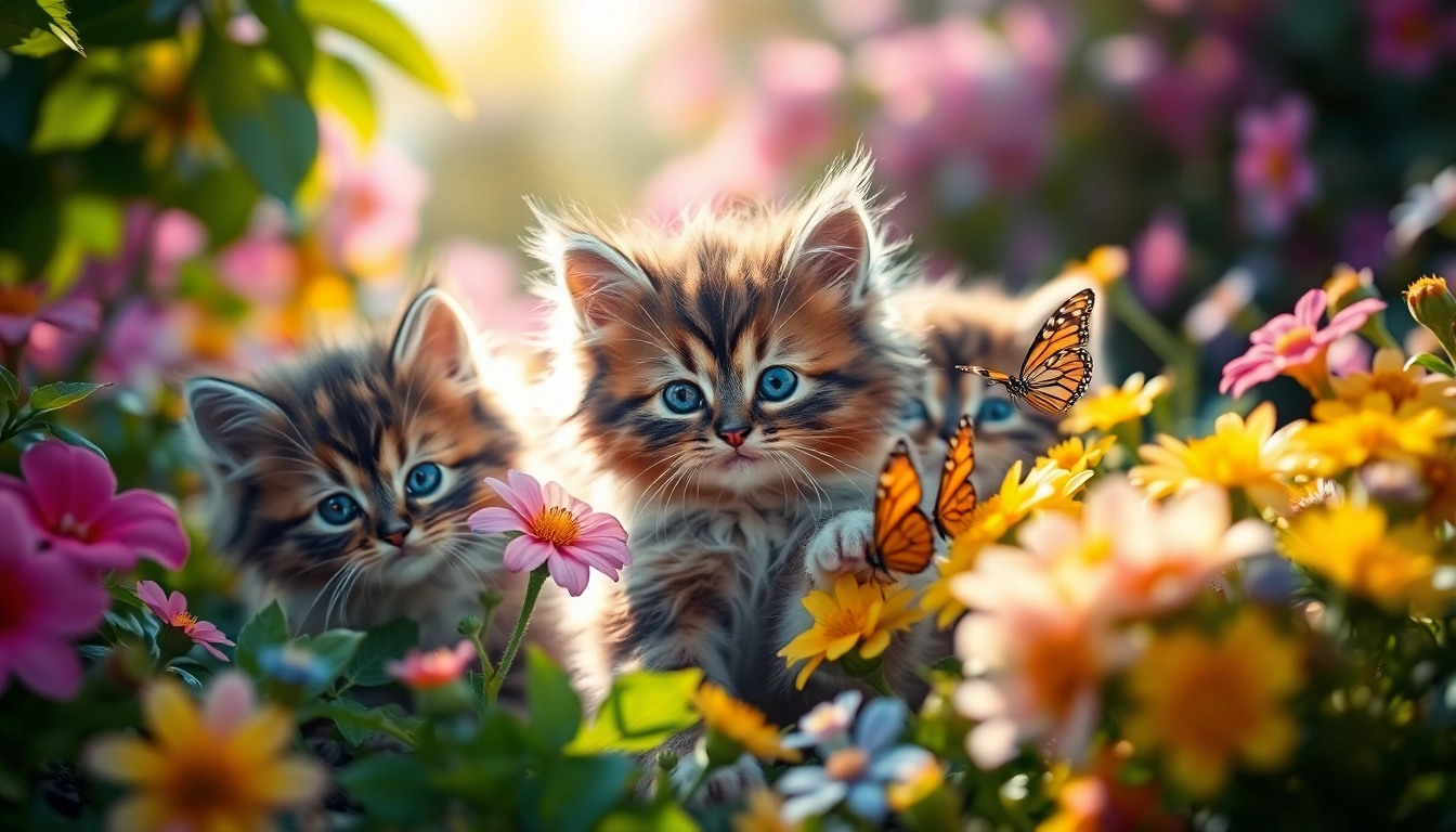 Playful Maine Coon kittens for sale enjoying a sunny garden with colorful flowers.
