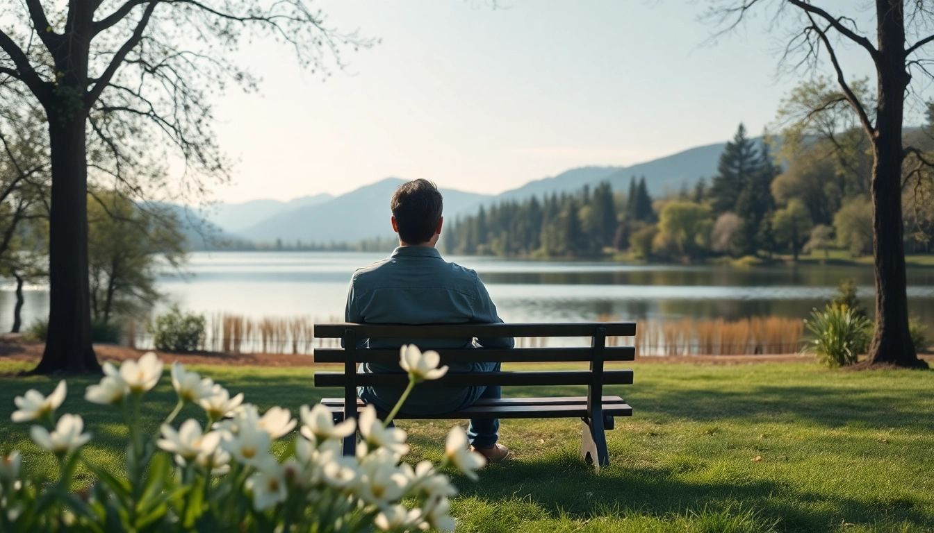 Person reflecting on dealing with depression in a tranquil park setting.