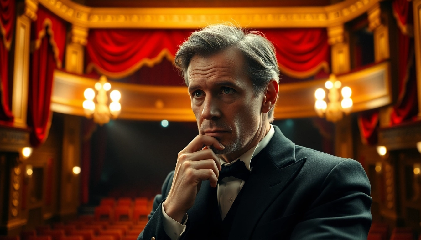 Actor james broadbent performing thoughtfully on a grand theater stage in rich lighting.