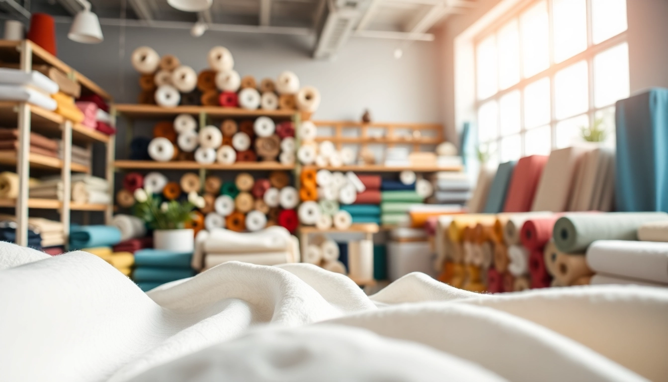 Katoen stof collectie gepresenteerd in een lichte showroom, met diverse texturen en kleuren.